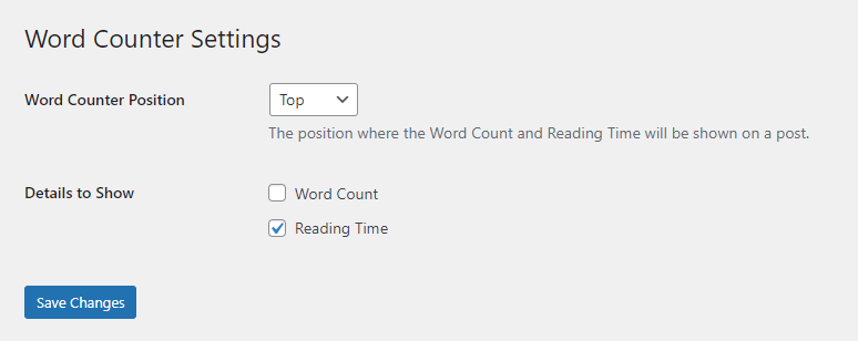 Word Counter WordPress settings